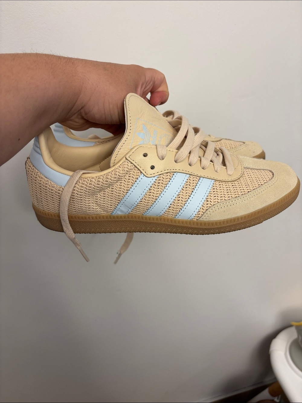 adidas Gazelle Beige with Light Blue Stripes